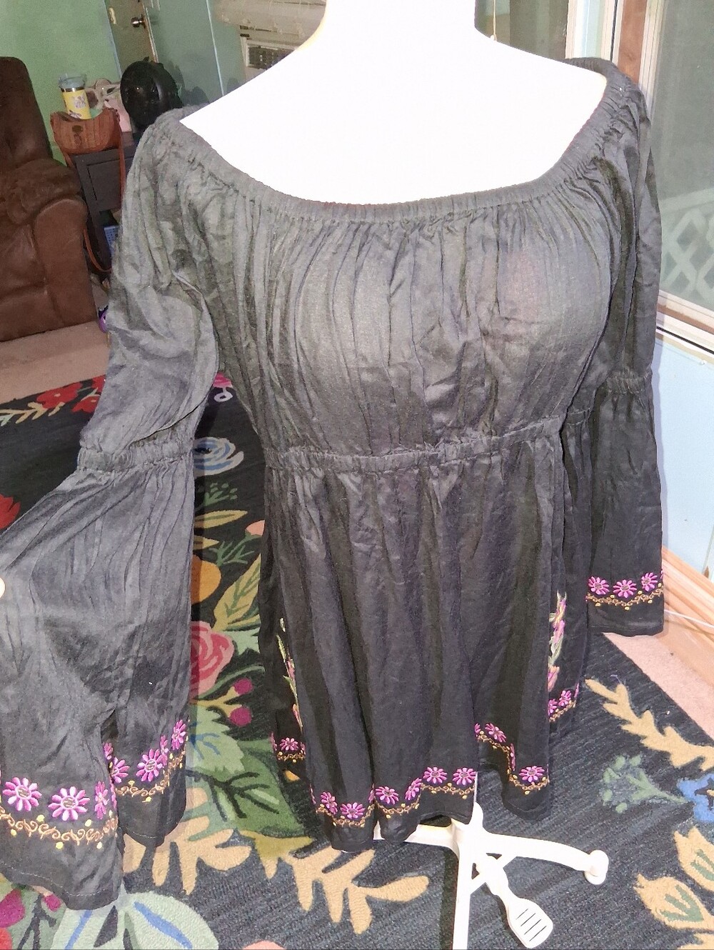 Avani Black Off-Shoulder Peasant Tunic with Pink Floral Embroidery Size Large